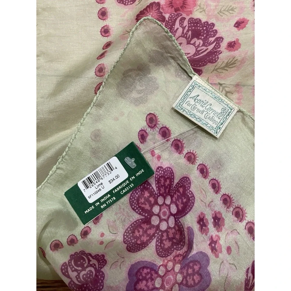 April Cornell Light Green and Purple/Pink Silk Floral Scarf, NWT